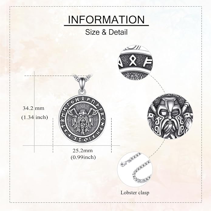 Viking Odin Necklace for Men 925 Sterling Silver Norse Odin Pendant Viking Runes Amulet Necklace Pagan Jewelry Gifts for Husband