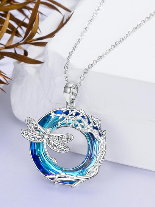 Dragonfly Necklace 925 Sterling Silver Dragonfly/Sunflower Bee Pendant Necklace Dragonfly with Blue Circle Crystal Dragonfly Jewelry Gifts as Holiday Christmas Gifts for Women