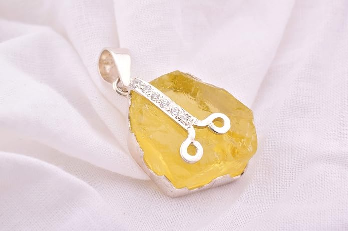 Natural Raw Lemon Quartz Stone Rough Crystal Gemstone Dainty Women Pendant Necklace, Chakra Healing Crystals, Birthstone, Gift, Rhodium Plated 925 Sterling Silver Chain 18 inch