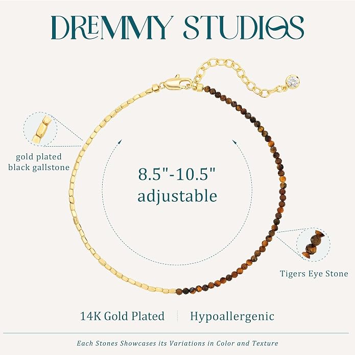 DREMMY STUDIOS Gold Anklet Bracelets for Women 14K Gold Plated Stone Handmade Beaded Link Chain Anklets Jewelry Gift
