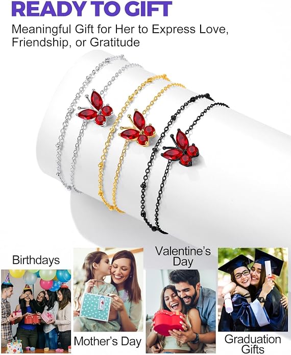 Richsteel Double Layer Heart/Butterfly Birthstone Anklet for Women Non Tarnish Waterproof, Silver/Gold/Black Stainless Steel 8.5-10.5 Inch Adjustable Chain Anklets Jewelry Gifts for Her