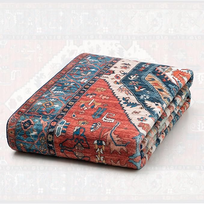 SERISSA 7x10 Area Rugs for Living Room, Large Washable Non-Slip Boho Rug, Ultra Soft Vintage Rust Oriental Tribal Print Distressed Carpet for Dining Room Bedroom Dorm Office Home Decor