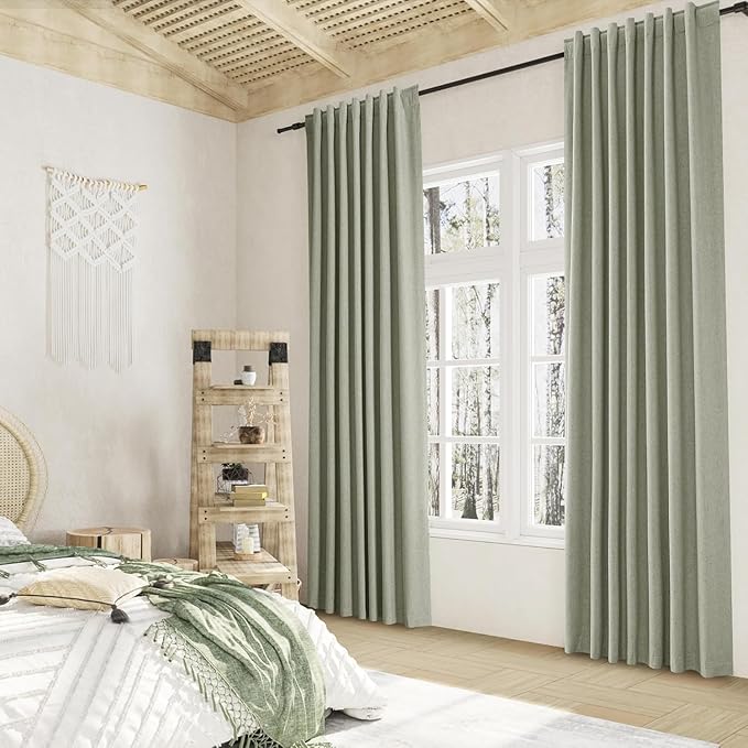 Guken 100% Blackout Linen Curtains 42 Inch Wide by 102 Inch 2 Panels Set for Living Room Bedroom Back Tab Thermal Insulated Black Out Linen Drapes Room Darkening Window Curtains, Sage Green