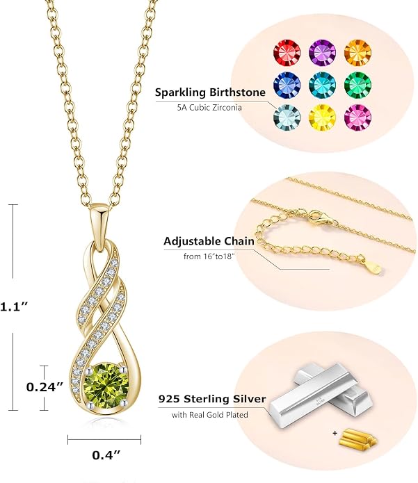 Birthstone Necklaces for Women 925 Sterling Silver Infinity Pendant Created Gemstone Jewelry for Her, 16"+2"