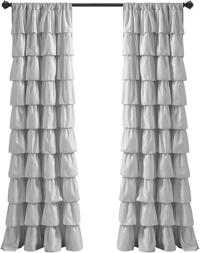 Lush Decor Light Gray Ruffle Window Curtain-Shabby Chic Farmhouse Style Panel for Living, Dining Room, Bedroom (Single), 84” x 50 L (Pack of 4)