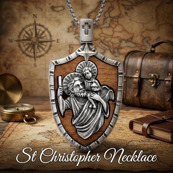 ONEFINITY Wooden Necklace Viking Wolf/St Benedict Medals/St Michael/Crucifix/St Christopher Pendant Necklace for Men Archangel Amulet Wooden Religious Jewelry Gifts for Men Women