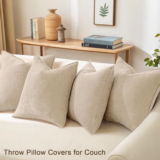 decorUhome Set of 4 Chenille Beige Throw Pillow Covers 18x18 | Couch Decorative Soft Neutral Pillow Covers with Elegant Design for Living Room Bed Sofa
