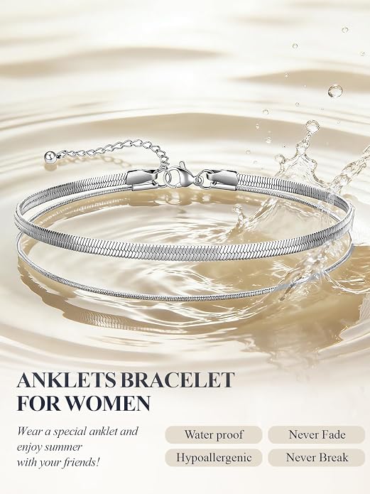 U7 Silver/Gold Ankle Bracelets for Women Layered Chain Anklets Stainless Steel Waterproof Summer Beach Anklet Cham, Adjustable 8.5"-10.5"