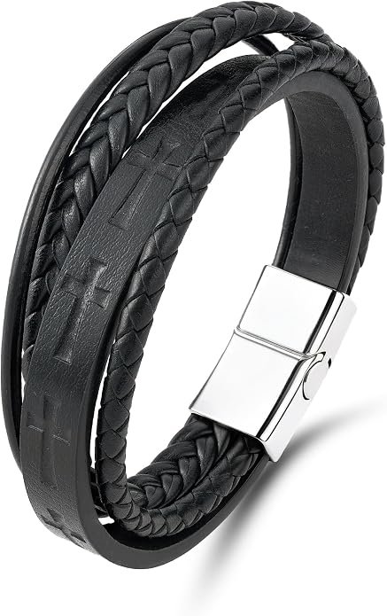 Mens Leather Cross Bracelet Multilayer Braided Wristband Bangle Bracelets with Stainless Steel Buckle Religious Gift for Men Brown/Black/Blue–8.3 inch