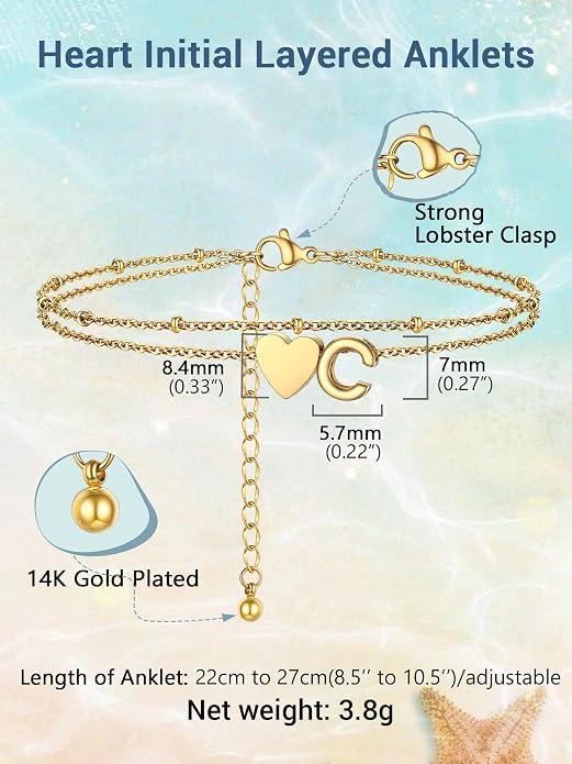 Initial Ankle Bracelets for Women, Dainty Stainless Steel Letter A-Z Layered Anklets, Heart Ankle Bracelet 8.5"-10.5" Adjustable, Summer Beach Jewelry, Come with Box