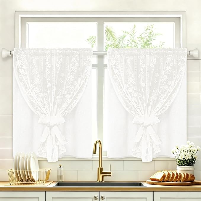 ASPMIZ Linen Kitchen Curtains Double Layer Kitchen Window Curtains Over Sink 36 Inch Length White Tier Curtain Light Filtering, Rod Pocket Cafe Curtain Short Window Treatments with 2 Tiebacks, 26x36