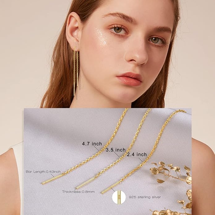 3 Pairs Threader Earrings 925 Sterling Silver Long Chain Earrings Bar/Ball Wrap Threader Drop Earrings for Women Lightweight Minimalist Mother's Day Jewelry Set