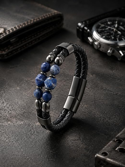 Black Braided Leather Bracelet for Men with Turquoise, Lapis Lazuli, Tiger Eye, Obsidian Stone Double-Row Wristband Beads with Stainless Steel Clasp Fashion Jewelry Gift for Him
