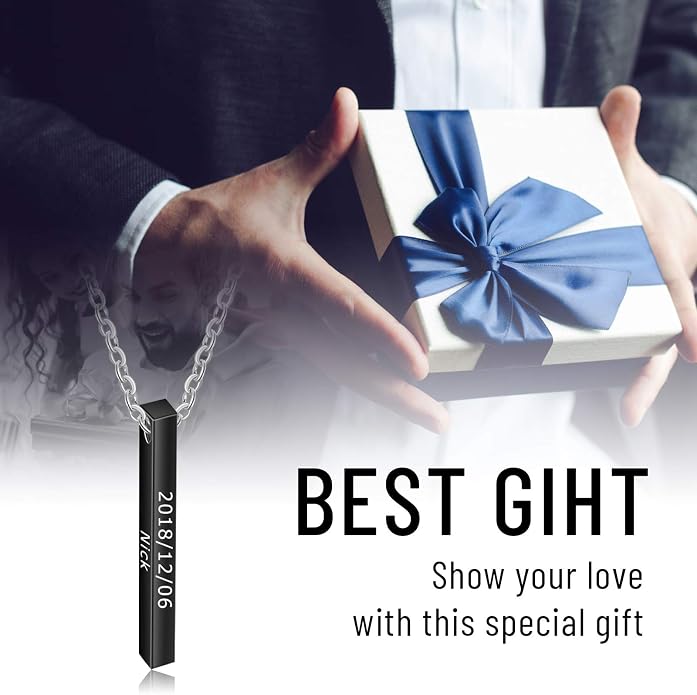 LanM Gifts for Dad Father's Day Gifts Personalized Mens Necklace Custom Name Necklaces for Men Bar Necklace for Women Engraved Initial Name Vertical Bar Necklace for Father