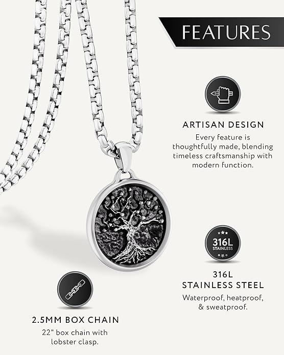 RTZN® Pendant Necklace for Men – Premium Stainless Steel Silver Pendant Necklace with 22" Chain – Waterproof & Non-Tarnish Small Pendants for Men – Bold Symbols of Strength & Legacy