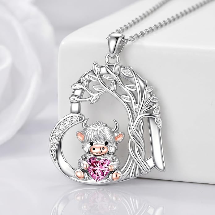 PELOVNY Teddy Bear Necklace for Women 925 Sterling Silver Bear/Highland Cow/Fox/Cat/Axolotl Birthstone Necklace Christmas Birthday Jewelry Gifts for Mom Daughter Wife Sister