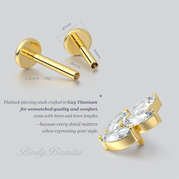 BodyBonita 16G Gold Stud Earrings Flat Back - G23 Titanium Internal Thread Clear CZ Cartilage Earrings for Women