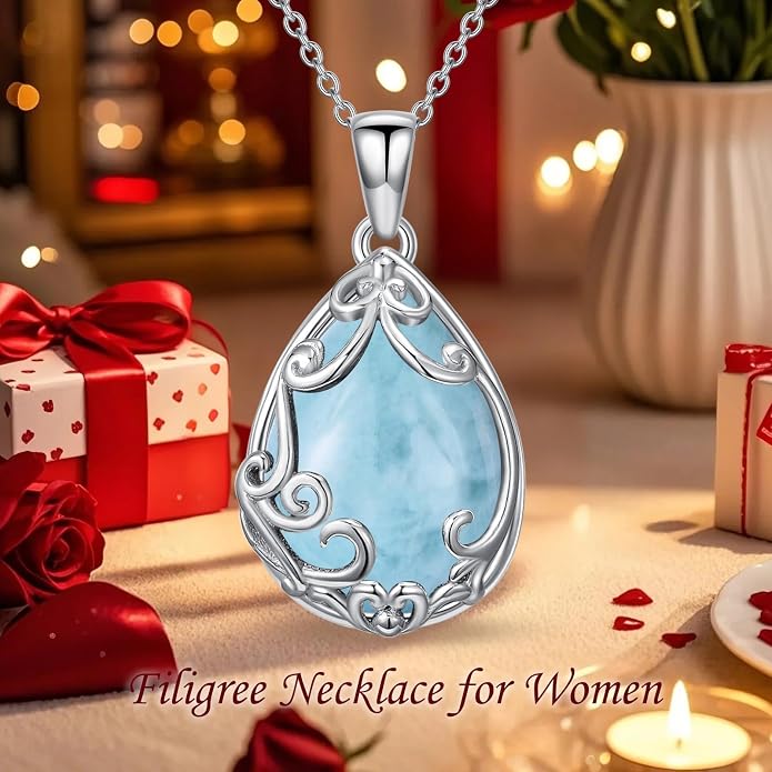 HPQQ Teardrop Necklace 925 Sterling Silver Filigree Gemstone Pendant Necklace Fine Jewelry Birthday Mother's Day Gifts for Women Her Mom