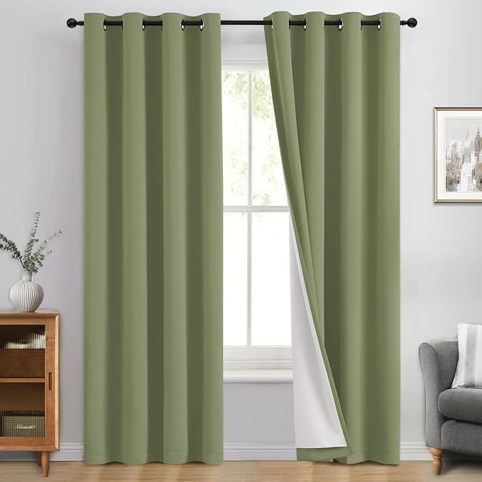 Yakamok Sage Blackout Curtains 96 Inches Long for Bedroom 50" Wide 2 Panel | Blackout Curtain Panels for Bedroom, 2 Thick Layers Grommet Top Thermal Insulated Drapes with White Back for Living Room