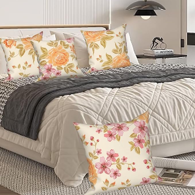 Spring Flower Throw Pillow Covers 18"x18" Set of 4, Vintage Yellow Floral Pillowcases Countryside Cushion Cases for Chair Sofa Bed Living Room Garden Car Indoor Outdoor Home Decoration