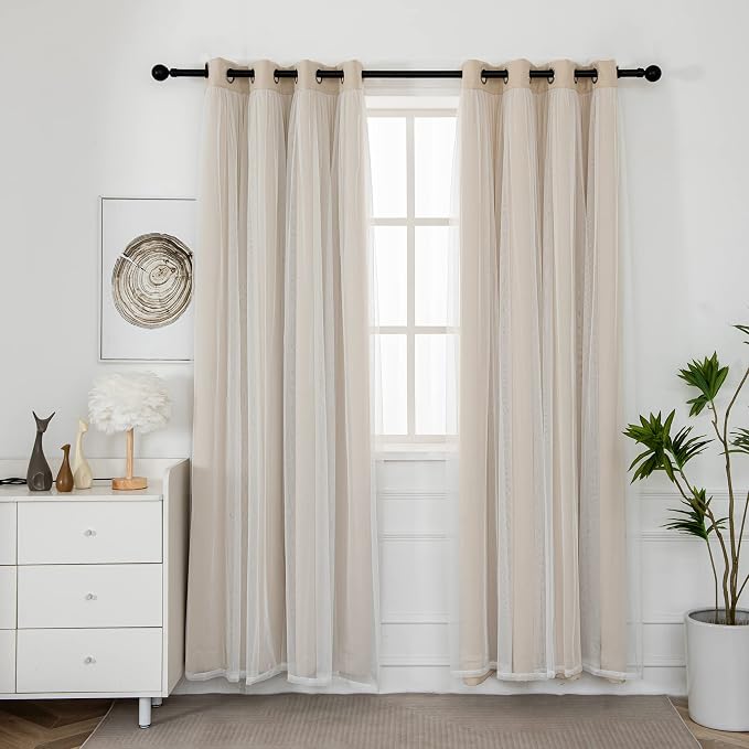 INLINAS Beige Blackout Curtains with Sheer Overlay - Grommet Top Thermal and Noise Reduction Panels for Bedroom and Living Room Light Blocking and Energy Saving, 52 x 96 Inches, Set of 2