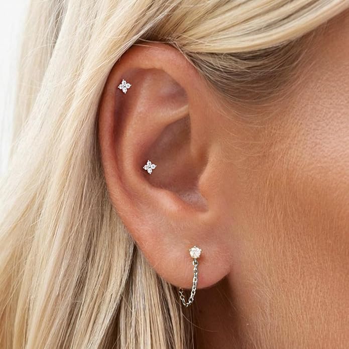 14K Yellow/White/Rose Gold Cartilage Earring Top Push in 1 Pcs Threadless Flower Flat Back Stud Nose Stud Lip Ring 16G Helix Tragus Piercing Jewelry for Women 6mm 8mm