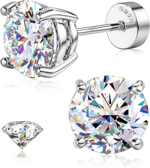 GEMQUEEN Moissanite Earrings Studs : 18K Gold Plated Solid 925 Sterling Silver Stud Earring for Women Men Hypoallergenic Dainty Moissanite Jewelry for Sensitive Ears Round Cut D Color VVS1 2-7.5mm