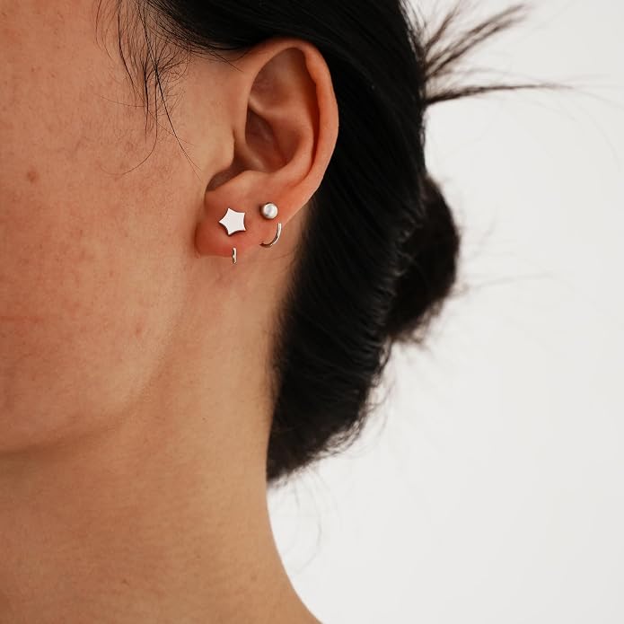 CHIC & ARTSY 925 Sterling Silver Half Hoop Earrings for Women, Small Huggie Hoops Set with Ball Bar Star Moon Cross & Pearl, Lightweight Comfort Fit Everyday & Sleep Earrings