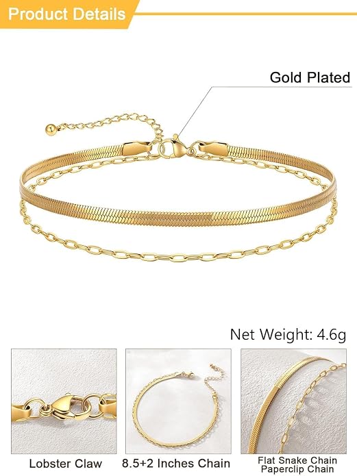 U7 Silver/Gold Ankle Bracelets for Women Layered Chain Anklets Stainless Steel Waterproof Summer Beach Anklet Cham, Adjustable 8.5"-10.5"