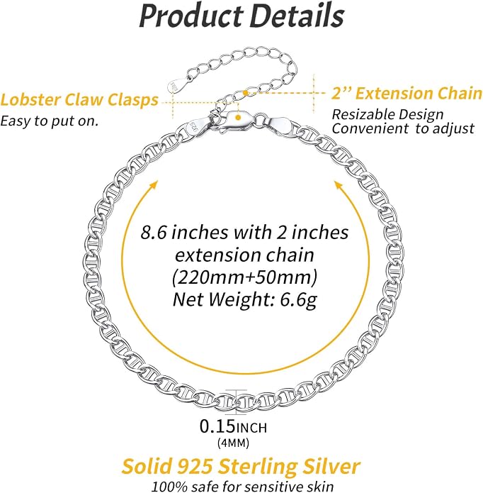 ChicSilver 925 Sterling Silver Ankle Bracelet for Women, Simple Cuban Link/Figaro/Twist Rope Chain Anklets for Beach Party(with Gift Box)