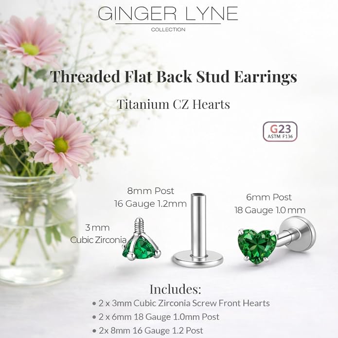 Titanium Heart CZ Labret Stud Earrings for Piercings by Ginger Lyne 6Pc Set G23 Screw Front Flat Back Body Jewelry 2 pair post 6mm, 8mm Cartilage, Helix, Tragus, Lip, Conch, Lobe