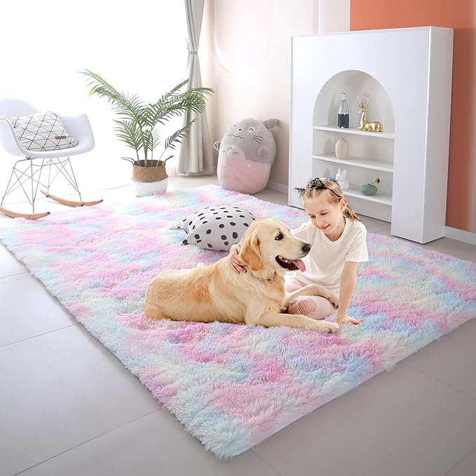 Rainbow Rugs for Girls Bedroom 8x10 - Fluffy Soft Rug for Kids Room | Vibrant Rainbow Colors - Tie-Dye Pattern Sparks Creativity - Brings A Playful Colorful World To Your Daughter'S Bedroom