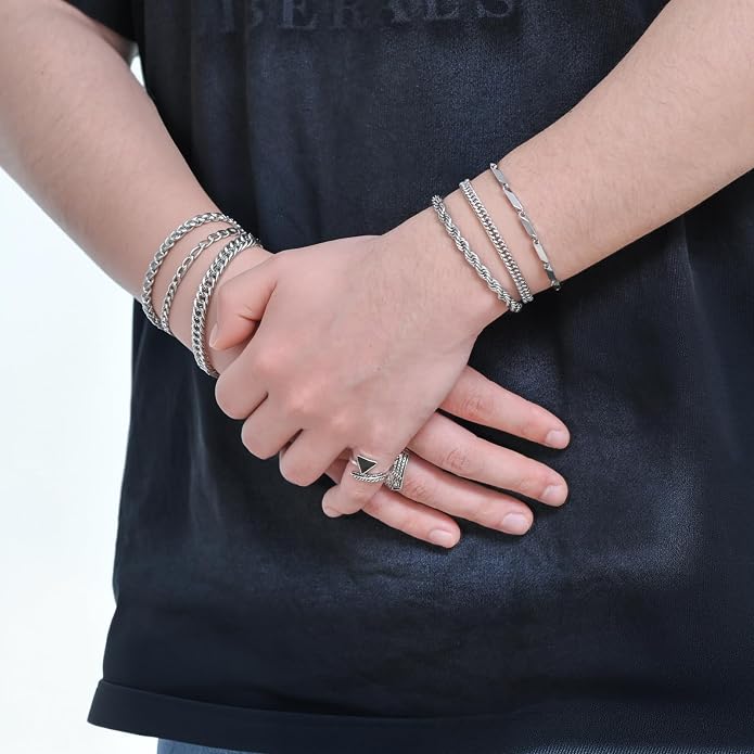 Chain Bracelet for Men Stainless Steel Cuban Link Curb Figaro Herringbone Rope Paperclip Snake Byzantine Curb Chunky Chain Silver Bracelets Jewelry Set for Men 8.3 Inches