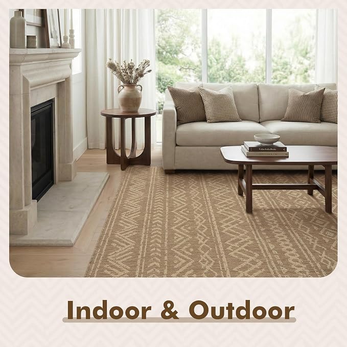 MontVoo-Outdoor Rug-Patio Rug 6x9 Polypropylene Indoor Outdoor Rugs Outdoor Carpet for Patio Deck Balcony Porch, Textured Weave, Durable for High Traffic, Fade-Resistant, Boho Farmhouse Neutral Brown
