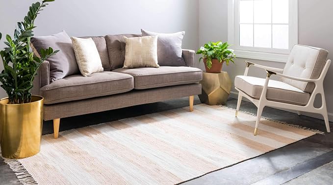 Unique Loom Chindi Rag Collection Area Rug - Striped (2'x 3' 1" Rectangle, Beige/ Ivory)