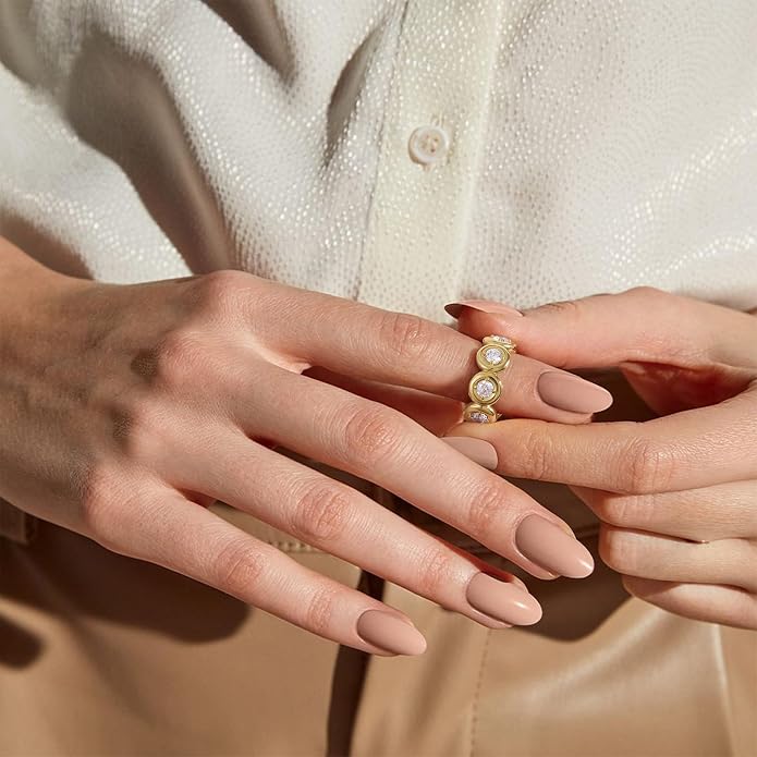 KissYan Band Ring for Women, 14K Gold Plate Dainty Pave Pear or Circle CZ Eternity Thick Chunky Engagement Statement Ring Valentine Fashion Gifts