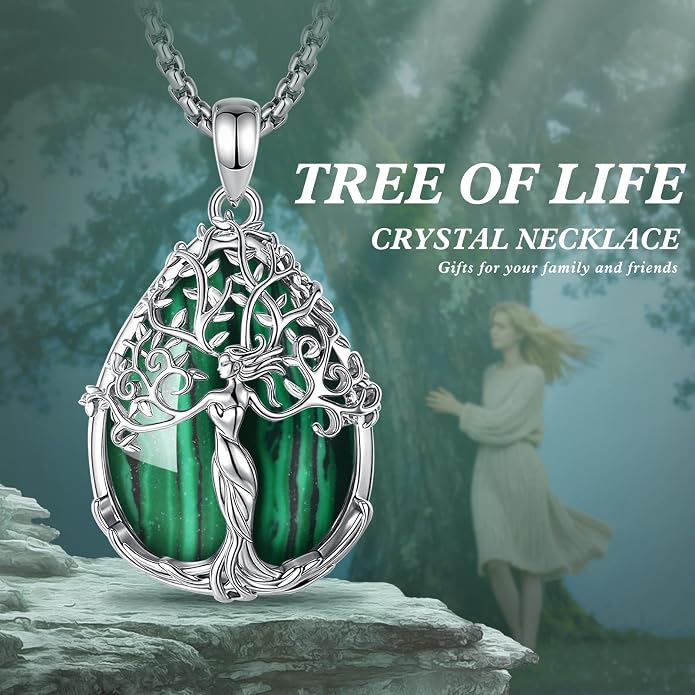 AEONSLOVE Tree of Life Necklace with Crystal for Women, Amethyst/Obsidian/Turquoise/Moonstone/Malachite Crystal Pendant Necklaces for Ladies