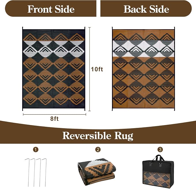 Beeiva Outdoor Rug 8x10 Waterproof for Patio, Reversible Outdoor Patio Rug for Deck, Backyard, RV Camping, Plastic Straw Rug Black Brown