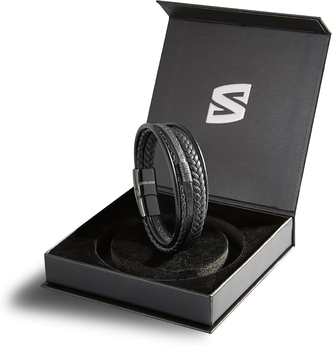 SERASAR | Premium Bracelet for Men in Genuine Black & Brown Leather | Magnetic Stainless Steel Clasp | Jewelry Box Included | Great Gift Idea