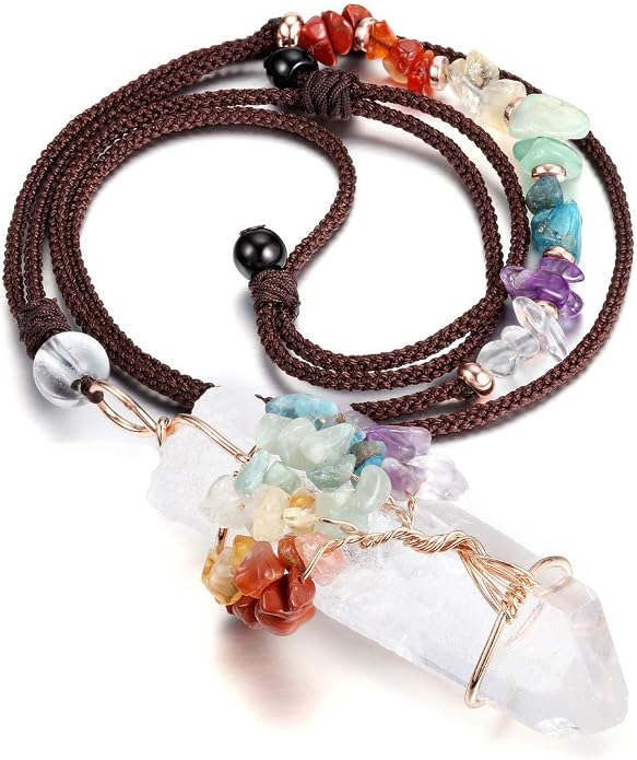 Jovivi 7 Chakra Gemstone Wire Wrapped Natural Clear Quartz Healing Crystal Point Pendant Necklace for Women Mother's Day Gift