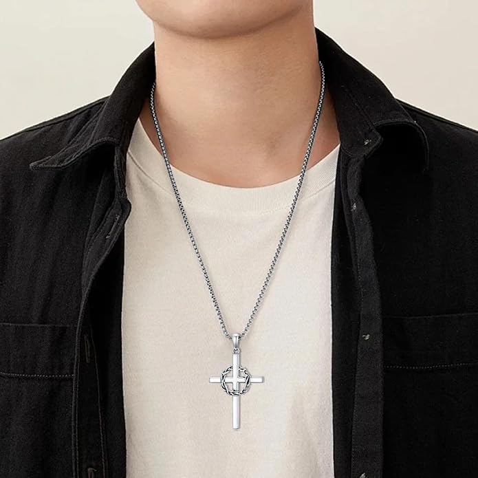 Crown of Thorns Necklace for Men 925 Sterling Silver Nail Cross Necklace Pendant Religious Christian Jewelry Valentines Day Gifts for Men