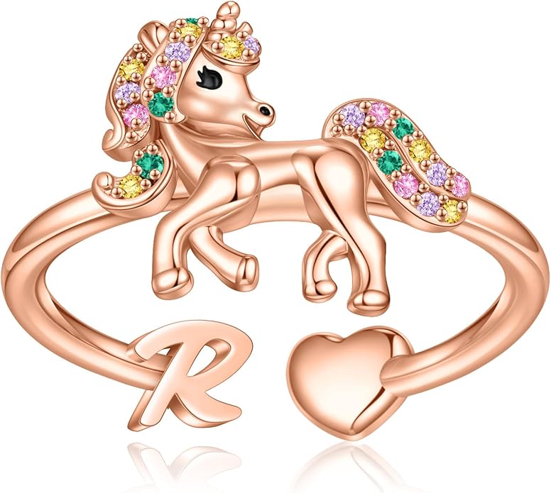 Unicorn Initial Rings for Teen Girls, Rose Gold/White Gold Plated Heart Initial Rings for Girls Adjustable Stackable Rings for Women Diny Heart Ring for Teen Girls Gifts Unicorns Gifts for Girls