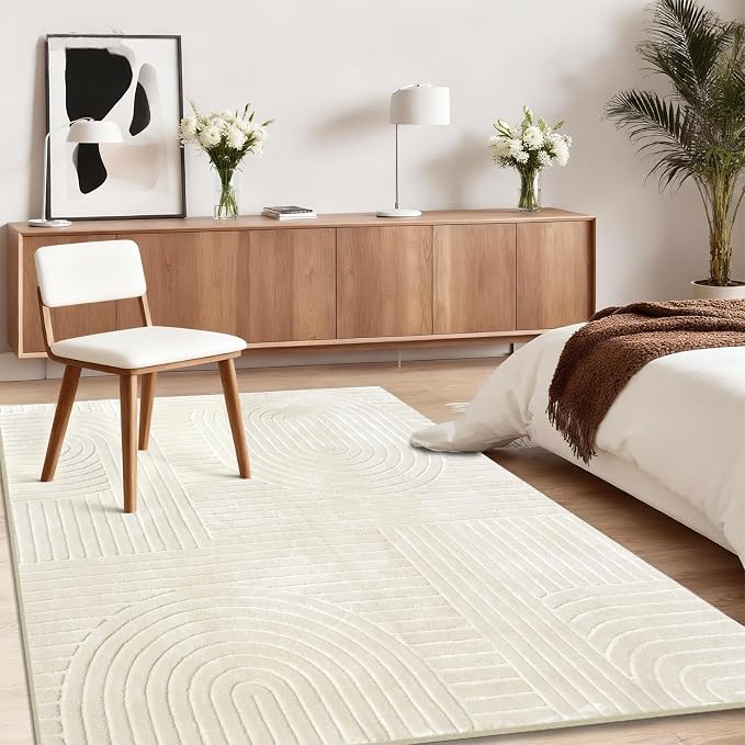 Beige 5x7 Solid Color Area Rug, Washable Rugs for Living Room Bedroom | Ultra Soft Plush Boho High-Low Pile Texture Indoor Carpet, Fluffy, Non-Slip Rugs for Bedside, Kids Room, Nursery, Home Office
