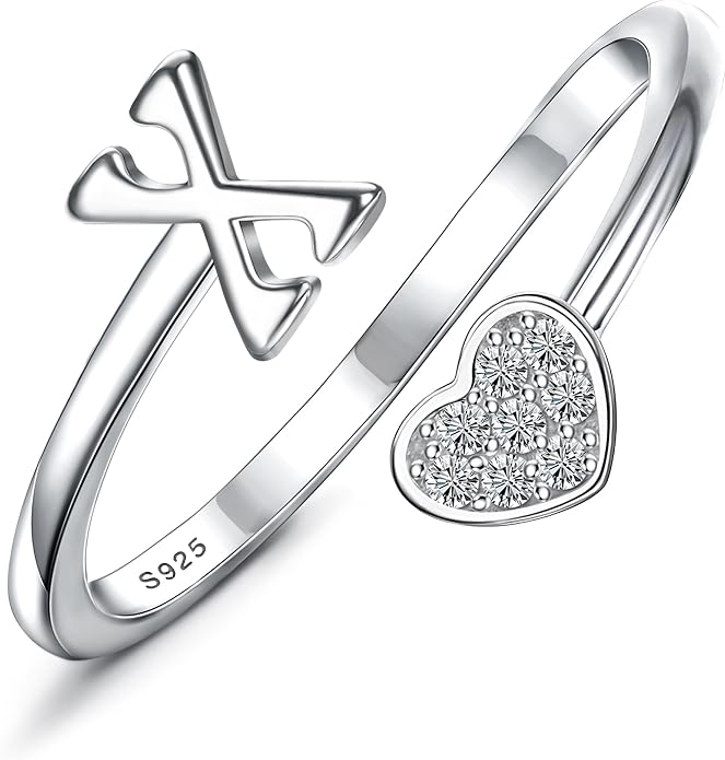 MILACOLATO 925 Sterling Silver Initial Rings for Women Teen Girl 18K Gold Plated Heart Initial Rings Adjustable Capital Letter Ring Stackable Thumb Pinky Rings for Daughter Birthday Bridesmaid Gifts Jewelry, A to Z