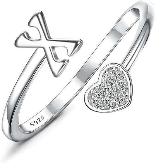 MILACOLATO 925 Sterling Silver Initial Rings for Women Teen Girl 18K Gold Plated Heart Initial Rings Adjustable Capital Letter Ring Stackable Thumb Pinky Rings for Daughter Birthday Bridesmaid Gifts Jewelry, A to Z