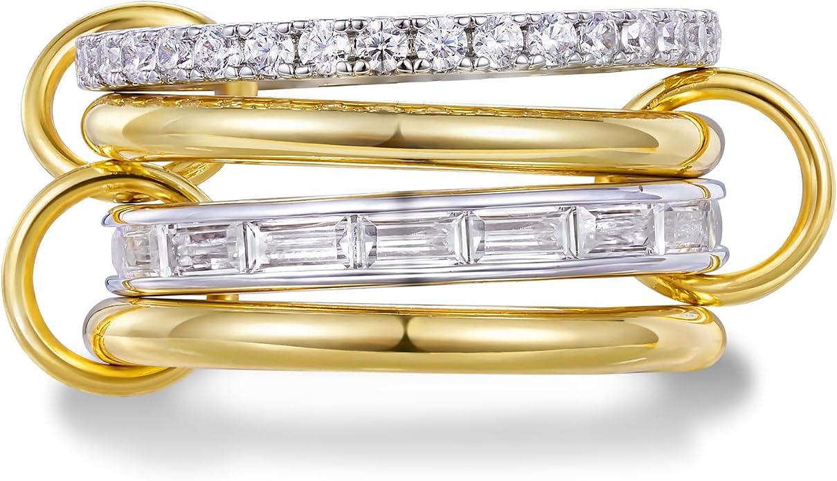 KissYan Stackable Rings for Women, 14k Gold Plate Interlocked Multi Ring Set Dainty Pave CZ Personalized Fashion Two-Toned Mixed Metals Stacking Jewelry Trendy Statement Gift