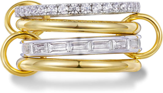 KissYan Stackable Rings for Women, 14k Gold Plate Interlocked Multi Ring Set Dainty Pave CZ Personalized Fashion Two-Toned Mixed Metals Stacking Jewelry Trendy Statement Gift