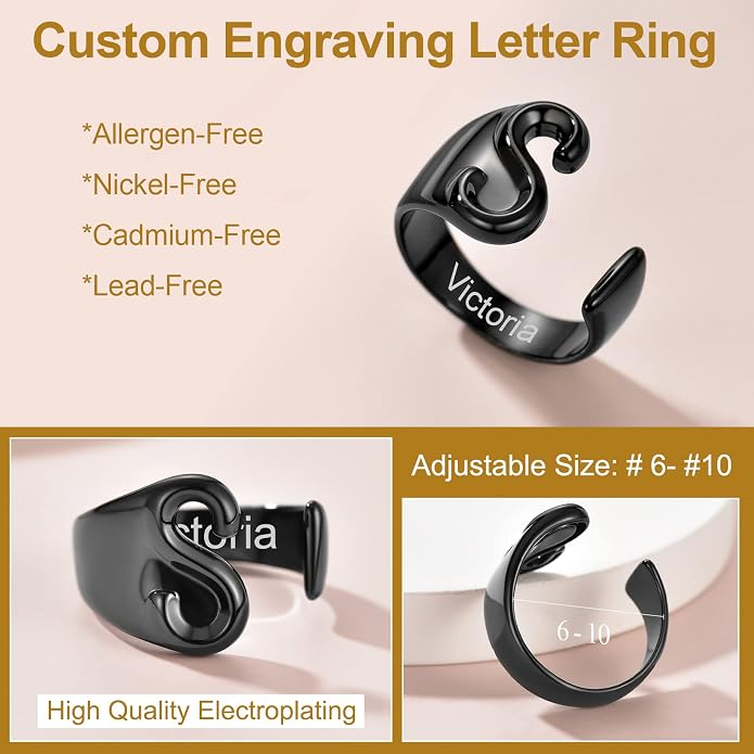 KeyStyle Bold Initial Letter Rings Adjustable, GoldChic Jewelry Women Gold Statement Ring Personalized Engraved Women’s Open Signet Ring for Party (Gold, White Gold, Black)