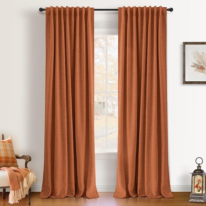 INOVADAY 100% Blackout Curtains 108 Inches Length 2 Panels Set, Back Tab/Rod Pocket Linen Black Out Curtains for Bedroom, Thermal Insulated Window Drapes - Burnt Orange, W50 X L108