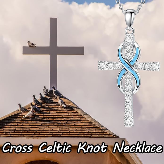 HPQQ Cross Necklace 925 Sterling Silver Turquoise Tree of Life Celtic Knot Cross Pendant Jewelry Mother's Day Gifts for Women